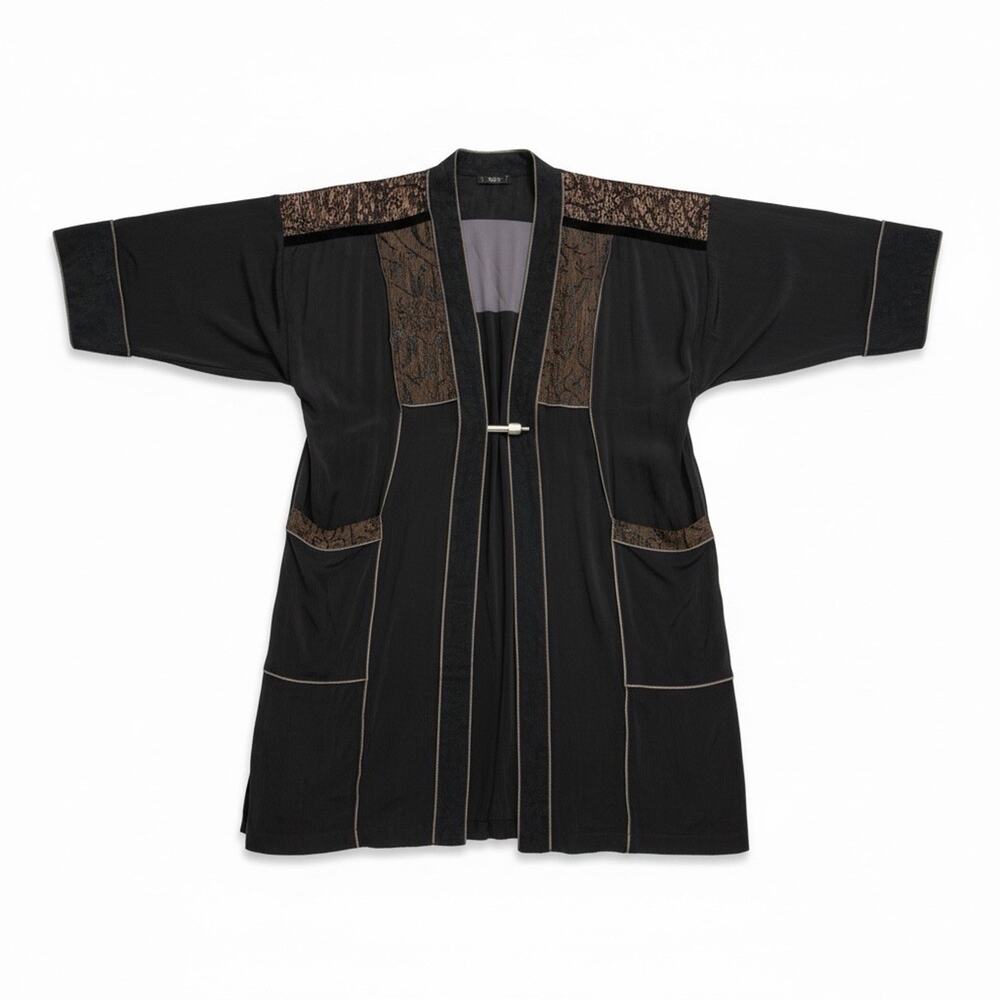 Black Open-Front Blazer Jacket with Brown Trim
